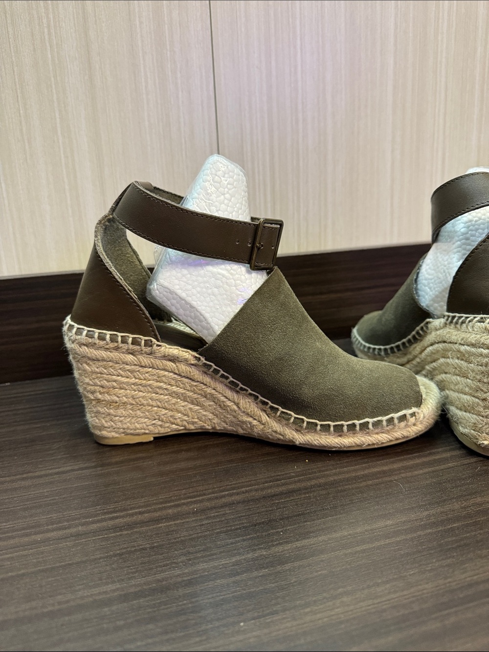 GAP Olive Green Suede Espadrille Wedge Sandals with Brown Ankle Strap - Picture 6 of 7